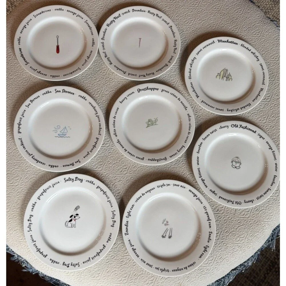 Pottery Barn Bar Lingo Appetizer Plates Set Of 8 Cocktails Mixed Drink Recipe 8”